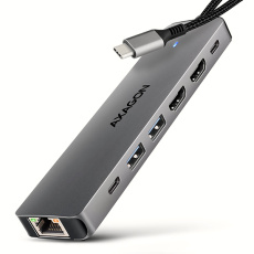 AXAGON HMC-7HX2, USB 5Gbps hub, 2x USB-A, USB-C, 2x HDMI 4k/60Hz, RJ-45 GLAN, PD 100W, kabel USB-C 15cm