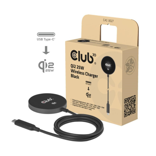 Club3D Bezdrátová nabíječka, 1x Qi2 25W, MagSafe, Qi certifikováno, černá Club3D Bezdrátová nabíječka, 1x Qi2 25W, MagSafe, Qi certifikováno, černá