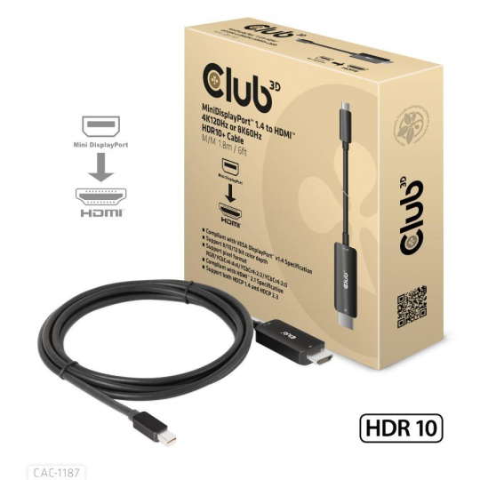 Club3D kabel miniDP 1.4 na HDMI, 4K120Hz nebo 8K60Hz HDR10+, M/M, 1.8m