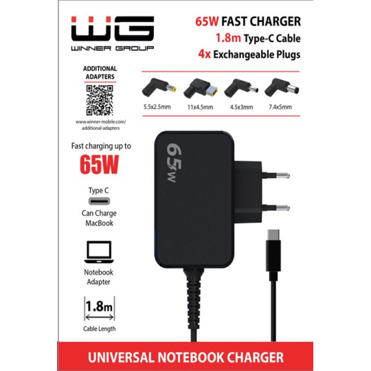 WG - Univerzální nabíječka 65W pro notebook s Type-C konektorem, + 4 adaptéry, kabel 1,8 metrů