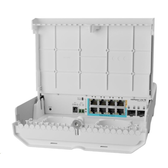 MikroTik CSS610-1Gi-7R-2S+OUT reverzní PoE switch, 8x Gigabit, 2x SFP+, 1x PoE out, 7x PoE in, 56Gbps