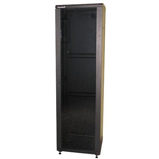 XtendLan 19" stojanový rozvaděč 47U 600x800, nosnost 800kg, skleněné dveře, plná záda, kolečka, rozložený, černý