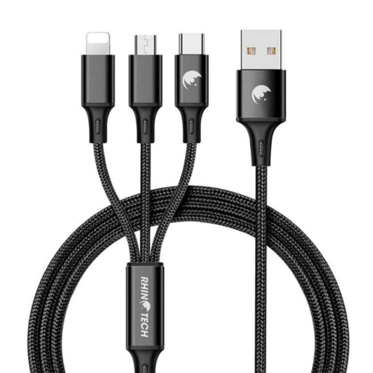 RhinoTech nabíjecí a datový kabel 3v1 USB-A (MicroUSB + Lightning + USB-C) 1,2m černá RhinoTech nabíjecí a datový kabel 3v1 USB-A (MicroUSB + Lightning + USB-C) 1,2m černá