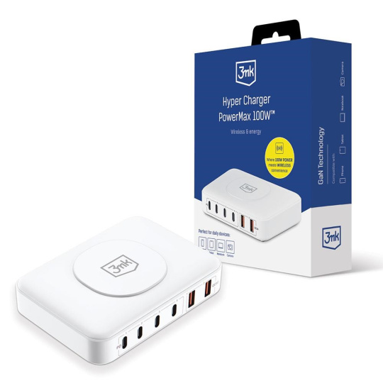 3mk síťová nabíječka - Hyper Charger PowerMax 100W, GaN 4x USB-C (PD) / 2x USB, bílá