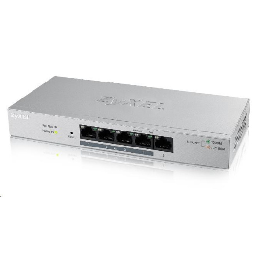 Zyxel GS1200-5HPv2 5-port Desktop Gigabit Web Smart PoE switch, 4x PoE+ GbE, PoE 60W, fanless