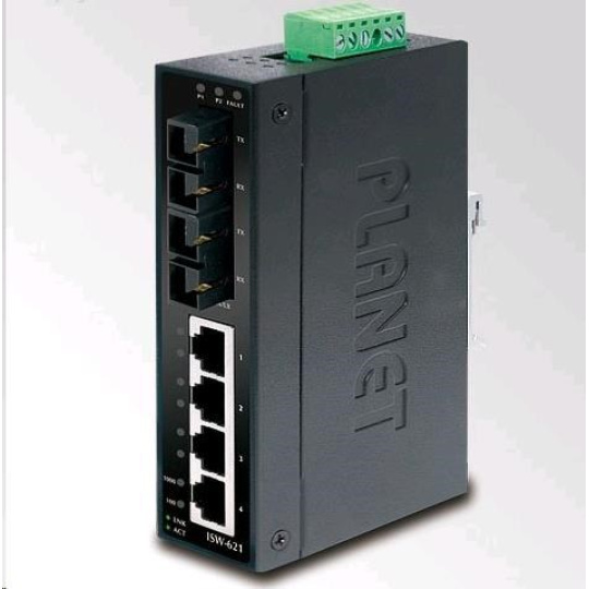 Planet switch ISW-621T, průmysl.verze 4x10/100+2x100BaseFX (SC) MM 2km, DIN, IP30, -40 až 70°C, 12-48V